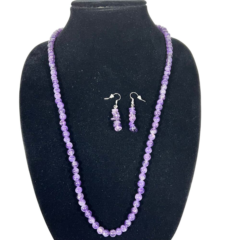 Purple Amethyst Beaded Necklace & Chip Style Earrings Silk Tassel Gemstone Beads